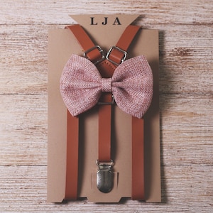 Brown Suspenders with Blush Pink Bow Tie for Groomsmen Gifts Leather Suspender and Bowtie Set Outfits Suspenders for Men Suspenders for Boys image 1