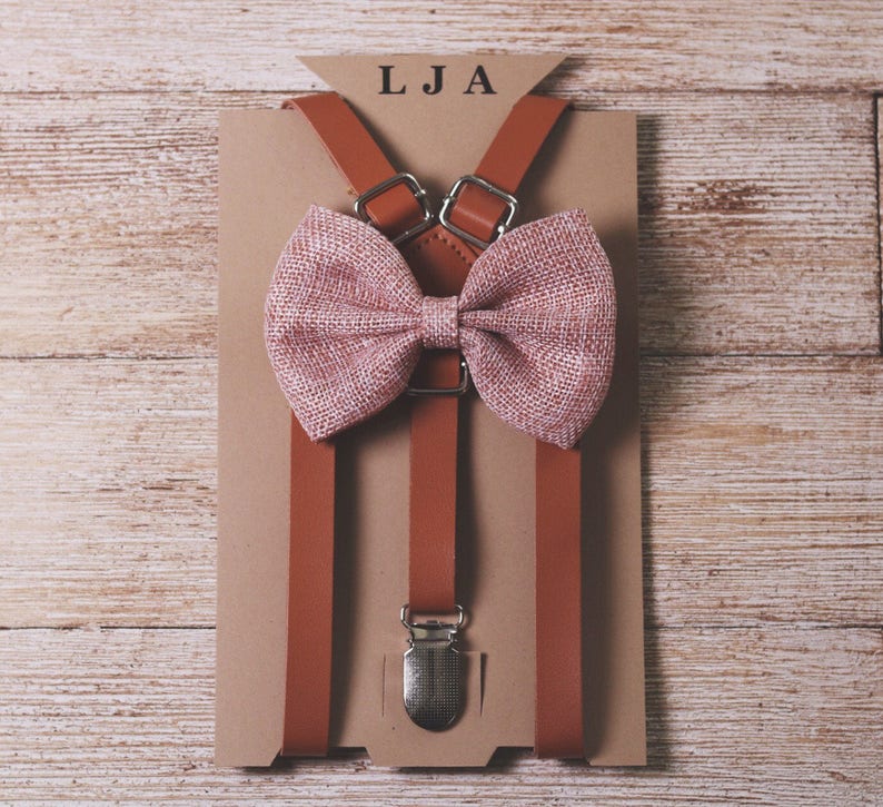 Brown Suspenders with Blush Pink Bow Tie for Groomsmen Gifts Leather Suspender and Bowtie Set Outfits Suspenders for Men Suspenders for Boys image 1