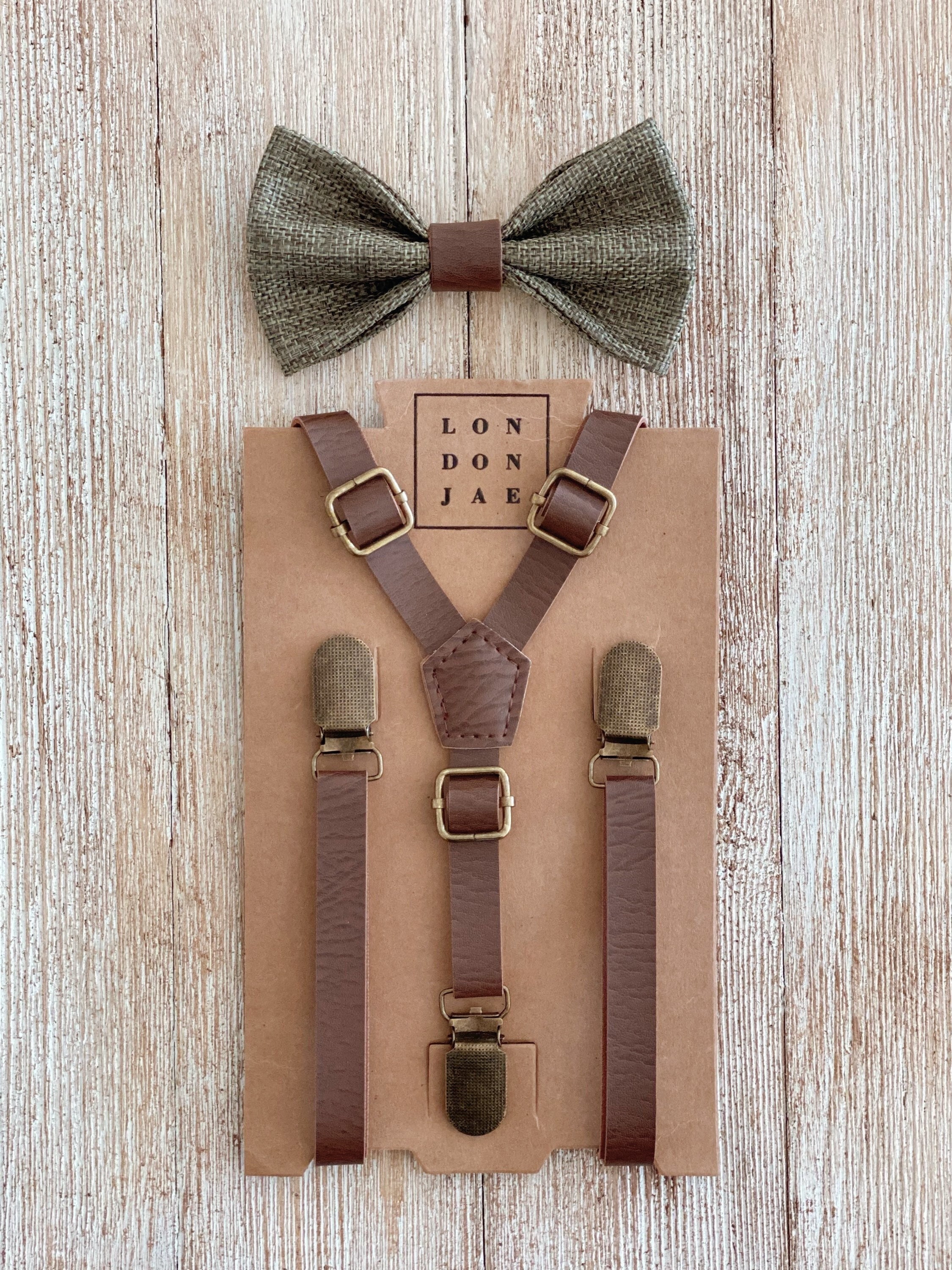 Olive Sage Bow Tie - Brown Leather Like Groomsmen Suspenders - Olive Bow Tie Set - Ring Bearer Outfit - Groomsmen Rustic Wedding