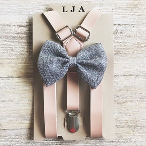 Blush Suspenders with Grey Burlap Bow Tie for Groomsmen Gift Leather Suspender and Bowtie Set Outfits Suspenders for Men Suspenders for Boys