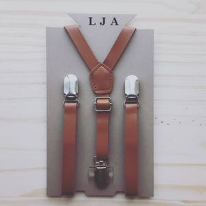 Brown Suspenders with Blush Pink Bow Tie for Groomsmen Gifts Leather Suspender and Bowtie Set Outfits Suspenders for Men Suspenders for Boys image 3