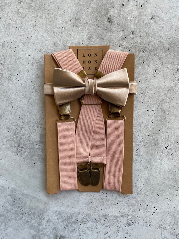 Dusty Rose Suspenders Champagne Satin Bow Tie and Neck Tie Pink Bowtie Set  Ring Bearer Outfit Groomsmen Suspenders Rustic Wedding 