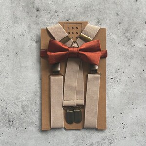 Bronze Rust Orange Bow Tie w/ Tan Elastic Suspender Set (Neck Tie Set Avail.) Wedding Groom Groomsmen Ring bearer outfit (Big & Tall 6&#39;8+)