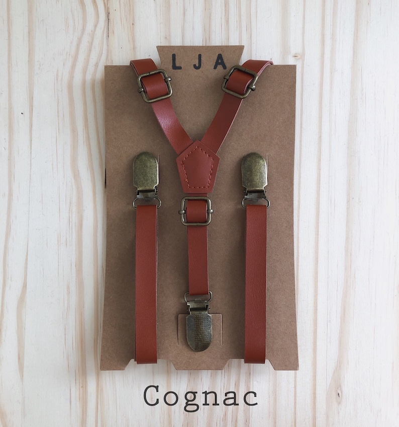 Kids Skinny Brown Suspenders for Kids with Silver Clips and Faux Leather Straps Brown Leather Suspenders for Baptism Birthday Ring Bearer