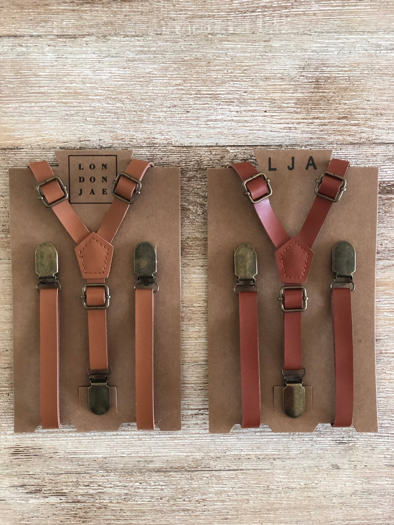 Caramel or Cognac faux leather suspenders 1/2 Wedding Groom Groomsmen, Ring Bearer Big and Tall faux leather Suspenders Fits up to 65 image 1