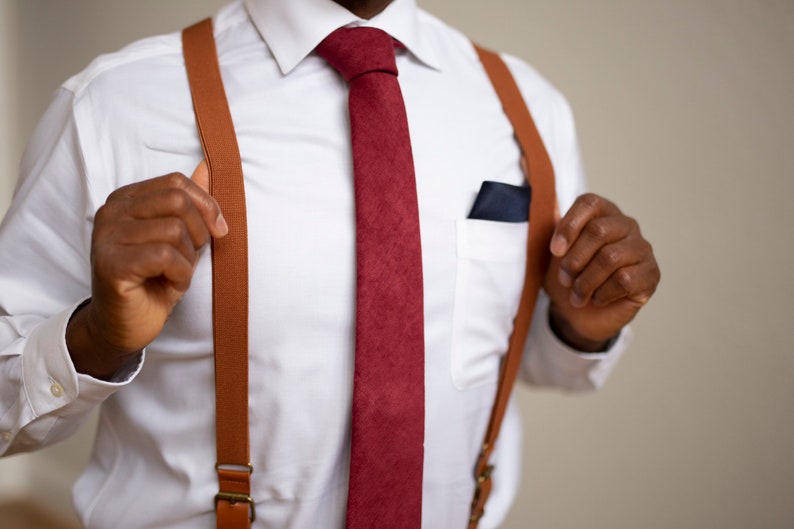 Burnt Orange Bow Tie and Cognac Brown Suspenders Set Wedding, Groom, Groomsmen, Ring Bearer-Suspender Bow Tie Elastic suspenders big tall image 3