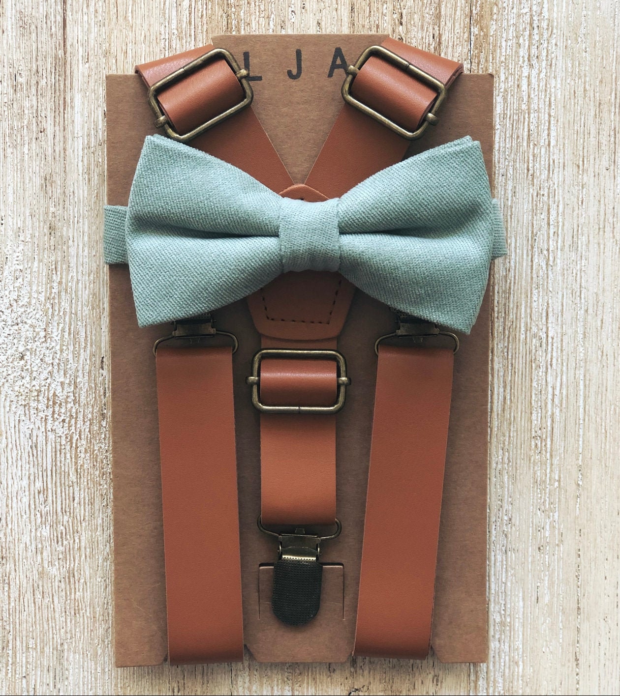 Caramel Brown Suspenders & Dusty Sage Bow Tie Set - Outside backyard …