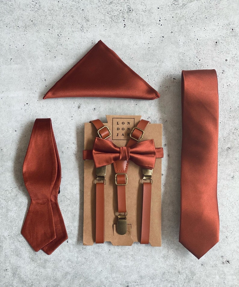 Bronze Rust Orange Bow Tie w/ Faux Leather Suspender Set Neck Tie Set Avail. Wedding Groom Groomsmen Ring bearer outfit Big & Tall 6'8 image 1