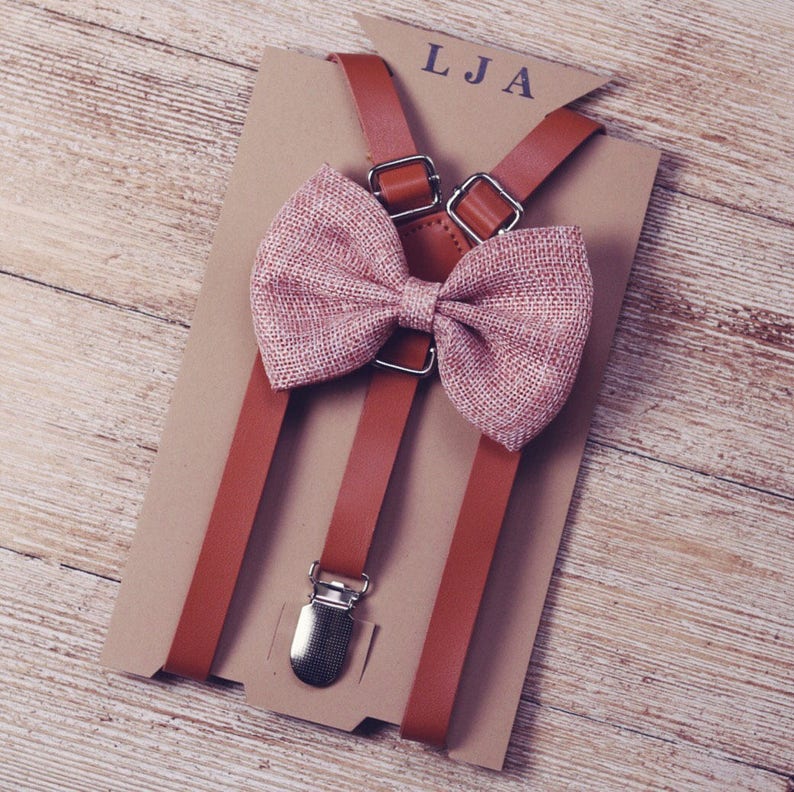 Brown Suspenders with Blush Pink Bow Tie for Groomsmen Gifts Leather Suspender and Bowtie Set Outfits Suspenders for Men Suspenders for Boys image 2