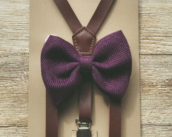 Groomsmen Plum Purple Burlap Bow Tie with Coffee Brown Suspender and Bow Tie Set Ring Bearer Outfit Boys Suspenders Rustic Wedding Gifts