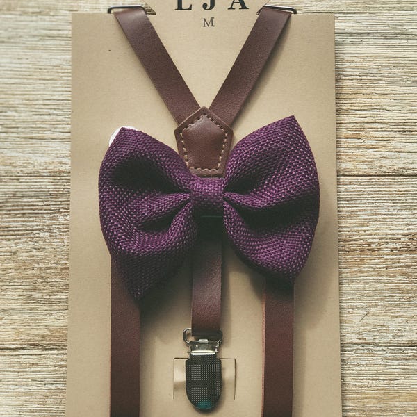 Groomsmen Plum Purple Burlap Bow Tie with Coffee Brown Suspender and Bow Tie Set Ring Bearer Outfit Boys Suspenders Rustic Wedding Gifts
