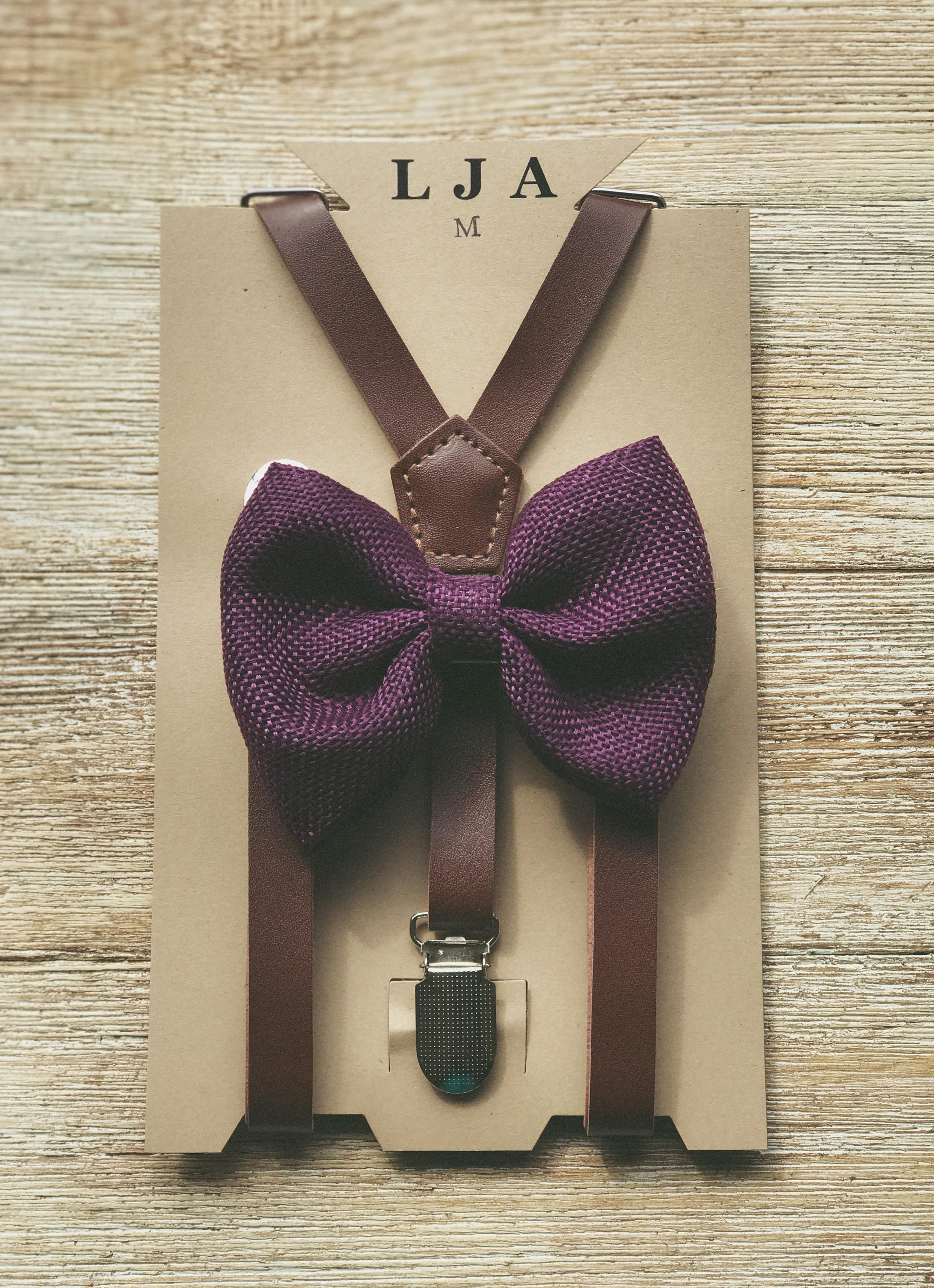 Groomsmen Plum Purple Burlap Bow Tie with Coffee Brown Suspender and Bow Tie Set Ring Bearer Outfit Boys Suspenders Rustic Wedding Gifts Accessoires Riemen & bretels Bretels 