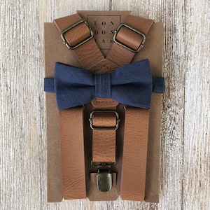 Navy Bow tie/Vintage Brown Suspender/ Bow Tie Set/ Groomsmen Rustin Wedding/Toddler Ring Bearer/Beach Wedding Baby Braces