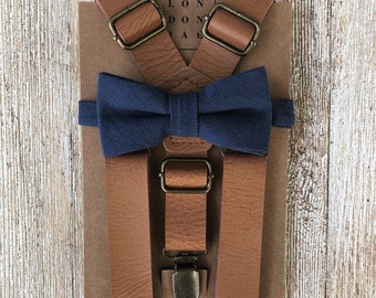 Navy Bow tie/Vintage Brown Suspender/ Bow Tie Set/ Groomsmen Rustin Wedding/Toddler Ring Bearer/Beach Wedding Baby Braces