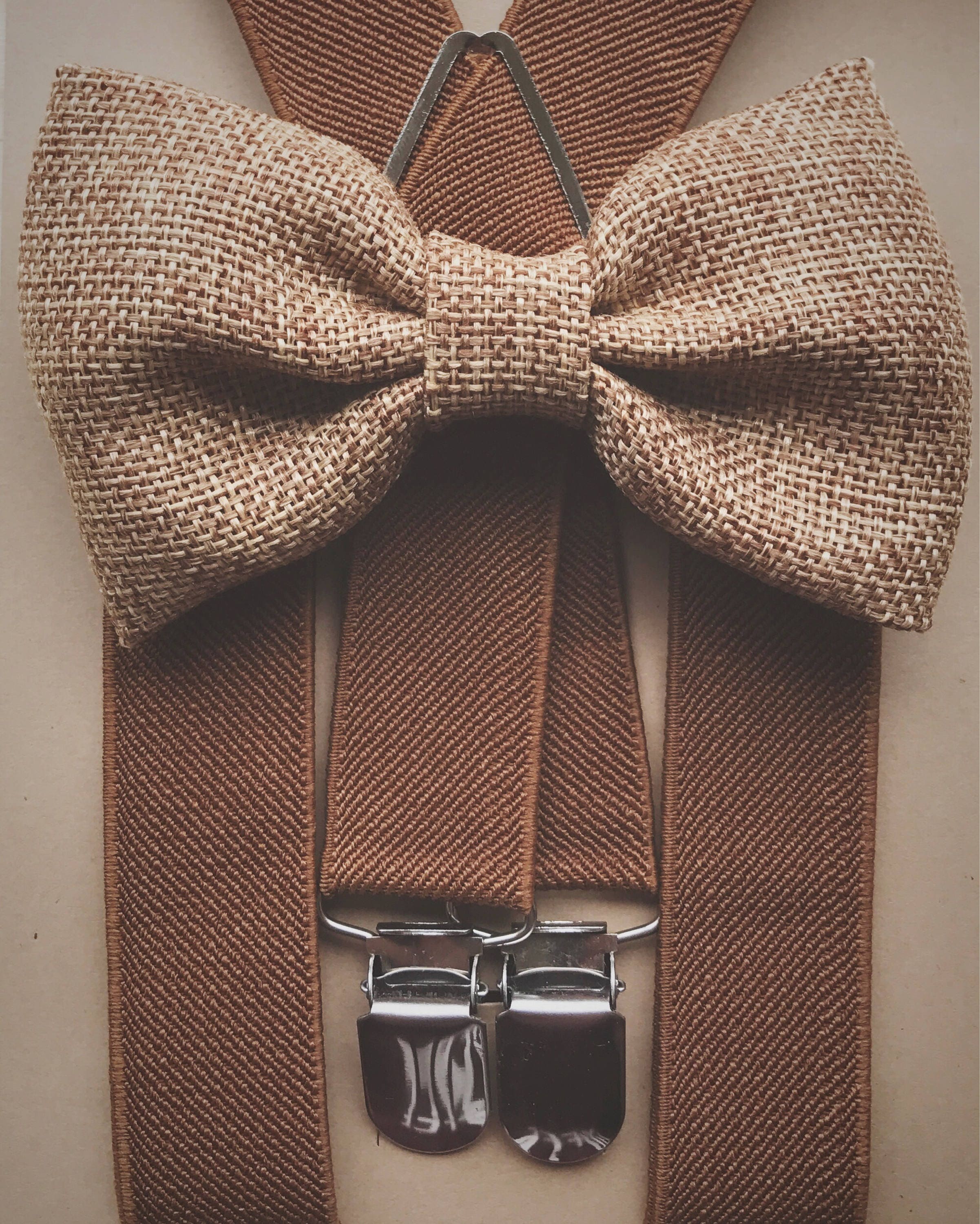 Khaki burlap bow tie for Men's brown suspenders for groomsmen Rustic