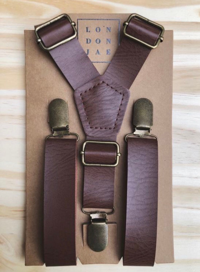 Brown Faux Leather Suspenders for Men Wedding suspenders Groom, Ring Bearer, Groomsmen Faux Leather Suspenders Rustic Boho Wedding outfits WeatheredCoffeeBrass