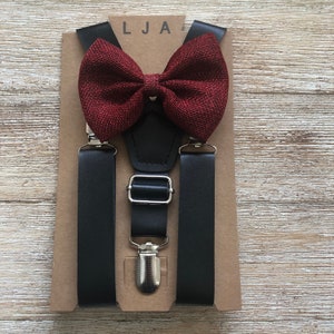 Groomsmen wedding Outfits Ring Bearer Outfit groomsmen Wine bow tie and Black suspenders groomsmen clothes Rustic Wedding mens outfits