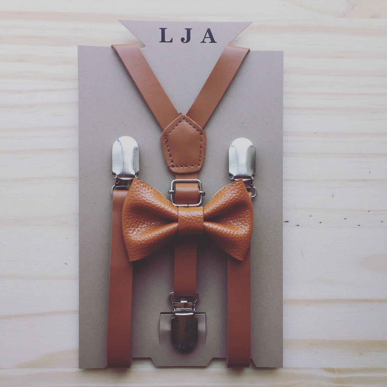 Groomsmen Caramel Brown Faux Leather Suspenders and Bow Tie Brown Boy…