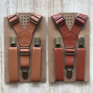 Caramel or Cognac faux leather suspenders for Wedding Groom, Groomsmen, Ring Bearer Big and Tall faux leather Suspenders Fits up to 65 image 1