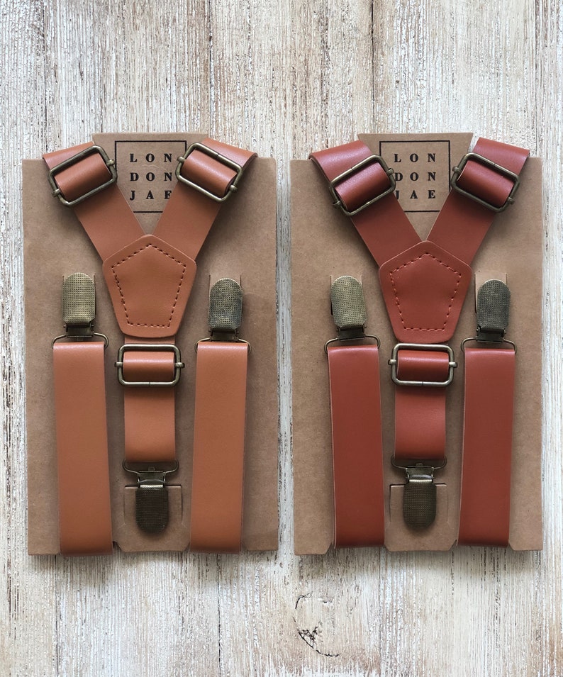 Caramel or Cognac faux leather suspenders for Wedding Groom, Groomsmen, Ring Bearer Big and Tall faux leather Suspenders Fits up to 65 image 1