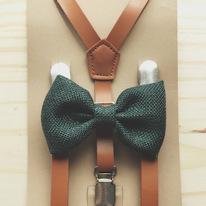 Brown Suspenders with Green Bow Tie for Groomsmen Gifts Leather Suspender and Bowtie Set Outfits Suspenders for Men Suspenders for Women image 1