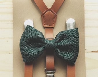 Brown Suspenders with Green Bow Tie  for Groomsmen Gifts Leather Suspender and Bowtie Set Outfits Suspenders for Men Suspenders for Women