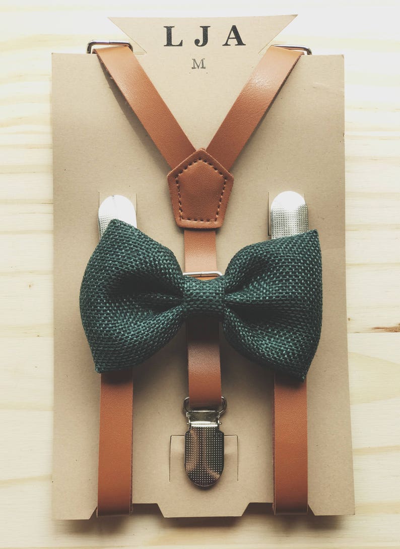 Brown Suspenders with Green Bow Tie for Groomsmen Gifts Leather Suspender and Bowtie Set Outfits Suspenders for Men Suspenders for Women image 1