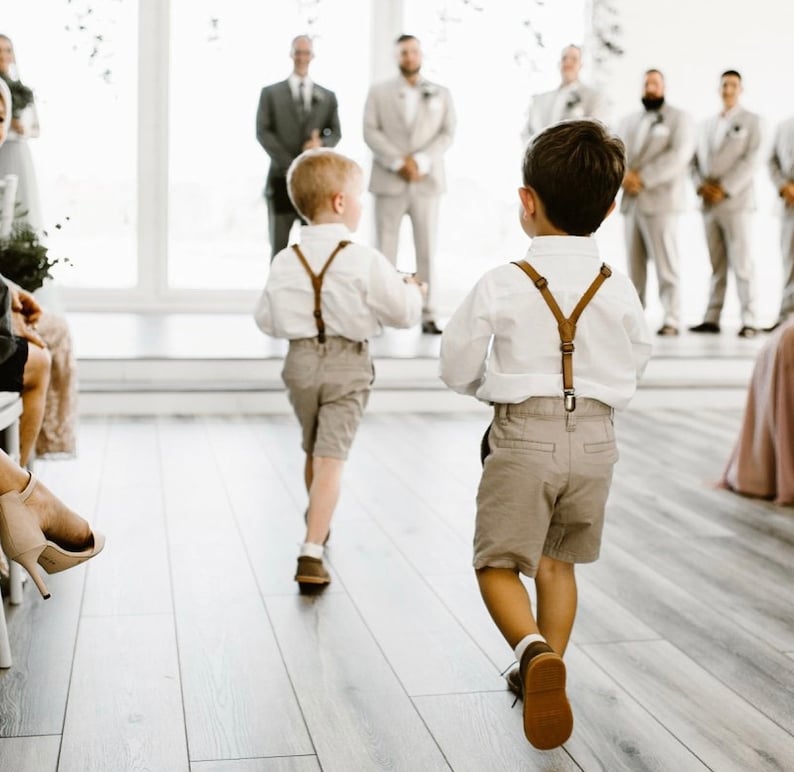 Kids Skinny Brown Suspenders for Kids with Silver Clips and Faux Leather Straps Brown Leather Suspenders for Baptism Birthday Ring Bearer