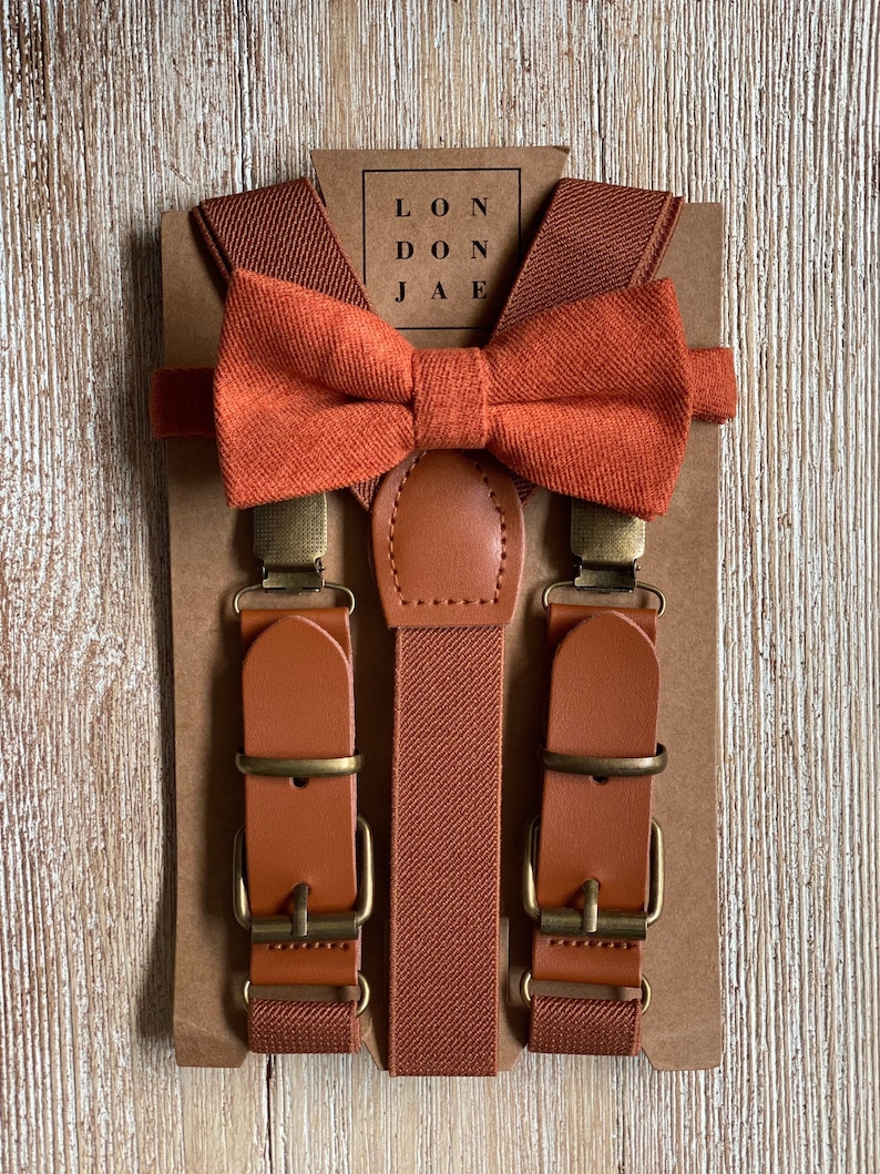 Burnt Orange Bow Tie and Cognac Brown Suspenders Set Wedding, Groom, Groomsmen, Ring Bearer-Suspender Bow Tie Elastic suspenders big tall image 1