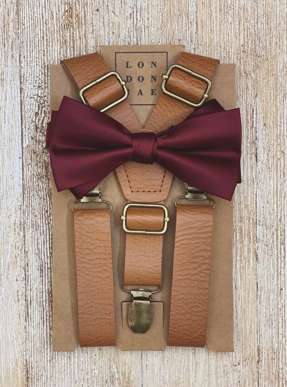 Light Brown Suspenders & Burgundy Wine Bow Tie Set Summer Wedding Ring bearer Accessoires Riemen & bretels Bretels Outside backyard wedding Groomsmen attire 