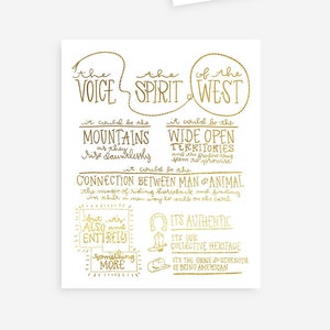 Esprit de l’impression d’Art de l’Ouest / / Wyoming / / or aluminium / / lettrage fait main / / Illustration