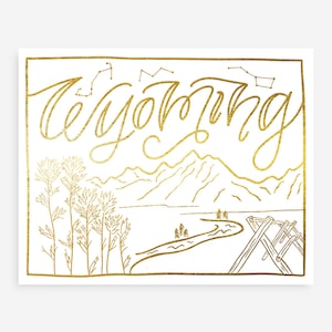 Carte de l’état du Wyoming / / or aluminium / / lettrage fait main / / Illustration