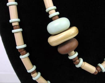 Long NEUTRAL BEADED NECKLACE Vintage Shades of Brown, Cream, Beige, Light Gray, Tan Eggshell  Beads 40" Length