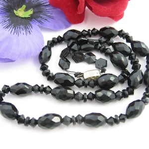 Czechoslovakia BLACK GLASS Bead Vintage NECKLACE 19.5&quot; Beaded, Faceted Single Strand