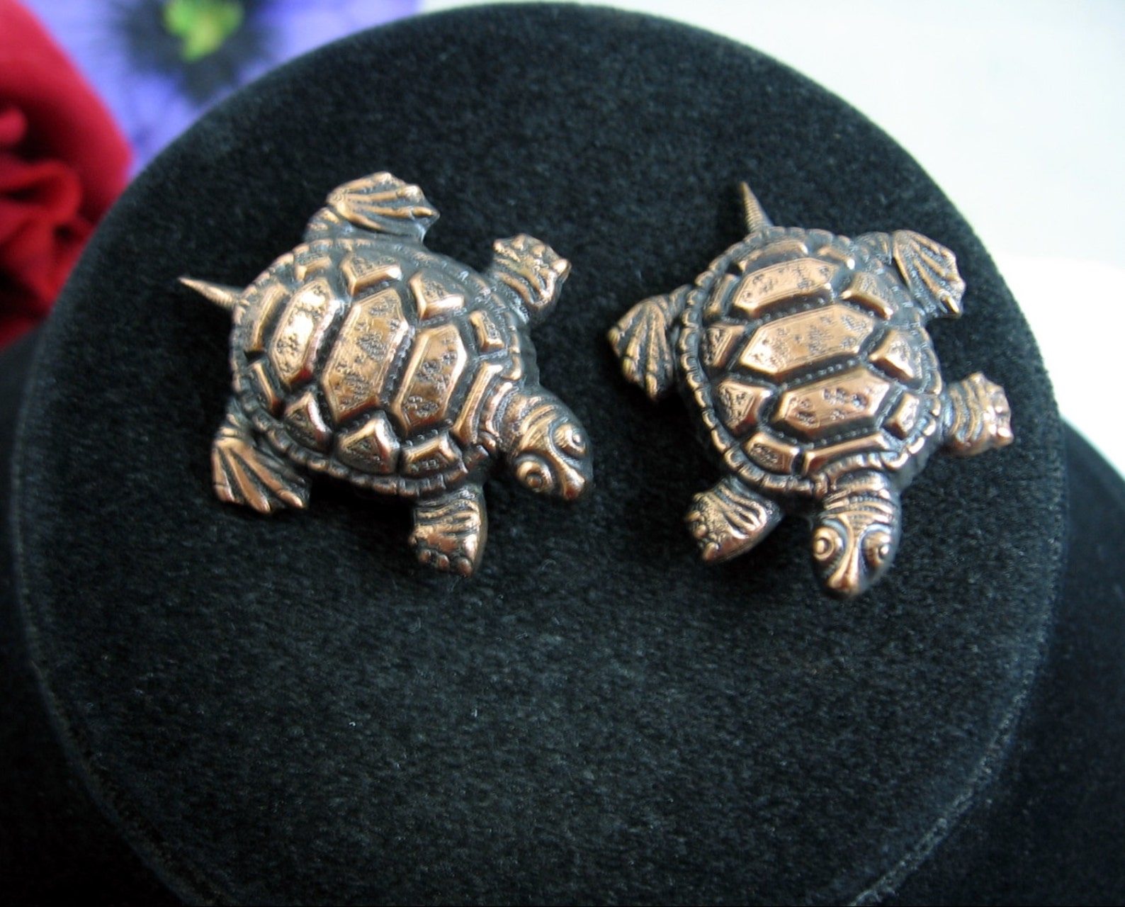 Pair of COPPER TURTLE PINS Vintage Brooch Set 1 1/4 in Length Tortoise