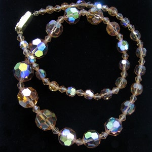 Aurora Borealis BROWN CRYSTAL Bead NECKLACE ab Round Faceted Glass Rhinestone Push Slot Box Clasp 19&quot; Length