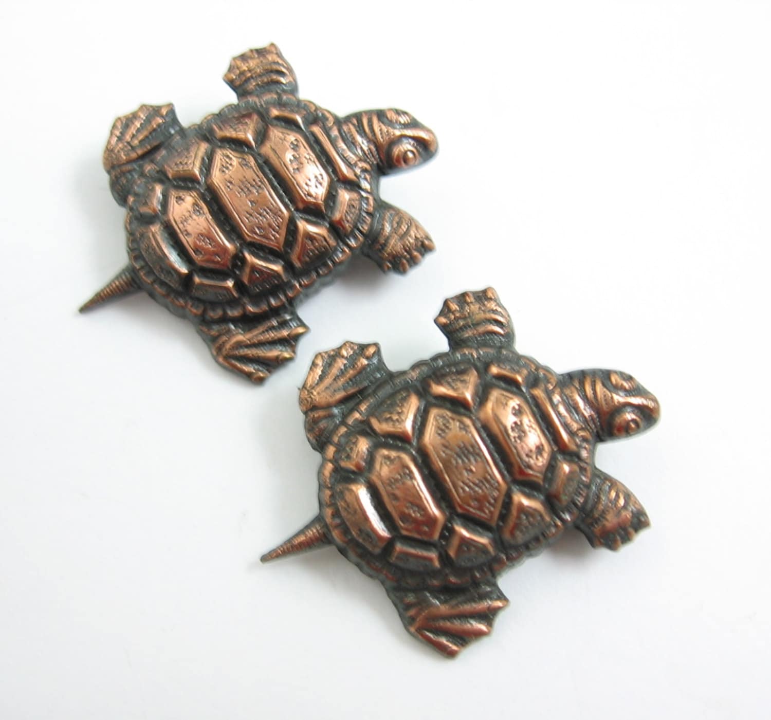 Pair of COPPER TURTLE PINS Vintage Brooch Set 1 1/4 in Length Tortoise