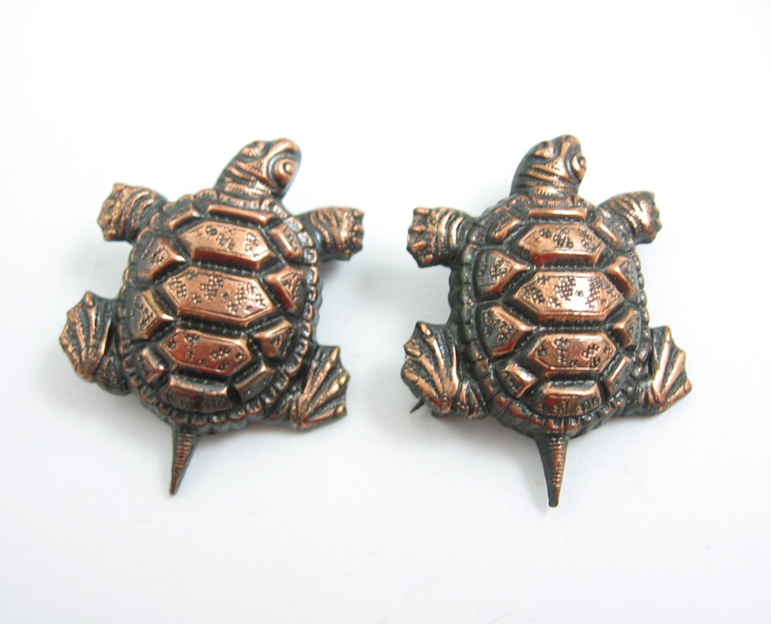 Pair of COPPER TURTLE PINS Vintage Brooch Set 1 1/4 in Length Tortoise