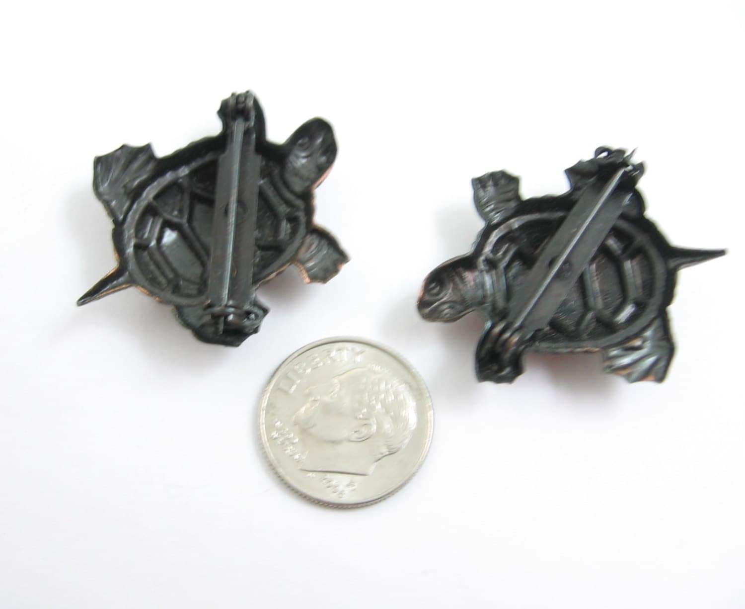 Pair of COPPER TURTLE PINS Vintage Brooch Set 1 1/4 in Length Tortoise