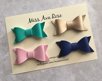 Four faux leather bow hair clips or headbands, set of four hair clips or headbands, Hair clip basics, faux leather baby hair clips