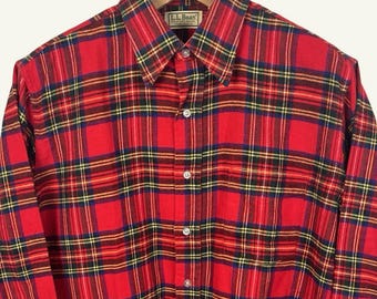 Vintage USA Made LL Bean 100% Cotton Flannel Button-Down Shirt ~ L ~ Work Wear / Hunting ~ Chamois ~ Tartan Plaid