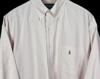 Vintage 1990s POLO Ralph Lauren Oxford Cloth Button-Down "Big" Shirt ~ L ~ 100% Cotton ~ Striped ~ OCBD