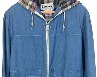 Vintage 1960er Jahre CAMPUS Ivy Style Leichte Baumwoll Chambray Jacke mit Kapuze ~ 40 ~ Madras Plaid gefüttert ~ Talon Zipper