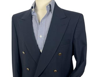 Vintage Wool Double-Breasted Navy Blazer ~ 42 R ~ jacket / sport coat ~ Gold Buttons ~ Made in USA