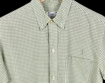 Vintage 1960s Sears PILGRIM 100% Cotton Button-Down Shirt ~ fits S ~ Mod / Preppy / Ivy Style ~ Green Gingham Plaid ~ Perma-Smooth