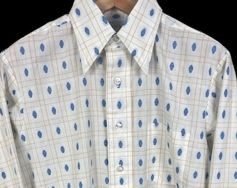 Vintage 1970s USA Made Brocade Dagger Collar Shirt ~ M ~ Button-Up ~ Embroidered ~ Career Club / Belgrave Square ~ 70s ~ Windowpane Check