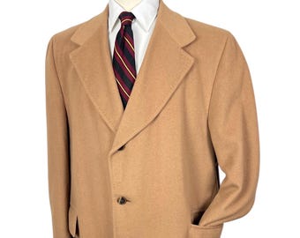 Vintage 1960s/1970s KASHMARA Camel Overcoat ~ size 44 to 46 Long ~ Trench Coat / Topcoat ~ Preppy / Ivy Style / Trad ~ 60s/70s