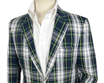 Vintage 1970s SAKS FIFTH AVENUE Blackwatch Tartan Plaid Seersucker Sport Coat ~ 38 R ~ Lightweight Cotton Jacket / Blazer ~