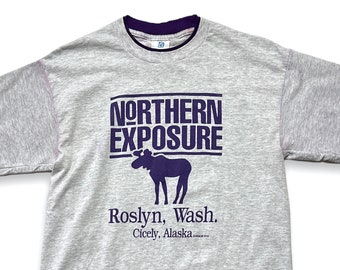 Vintage 1990s NORTHERN EXPOSURE T-Shirt ~ fits S to M ~ TV Show ~ Tourist / Souvenir ~ Roslyn, Washington / Cicely, Alaska ~ 90s Graphic Tee