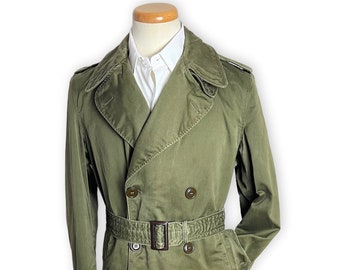 Vintage 1950s US Army M-1950A Belted Overcoat ~ Small Regular ~ Korean War ~ Military Jacket / Trench Coat ~ OD ~ Communications Patch